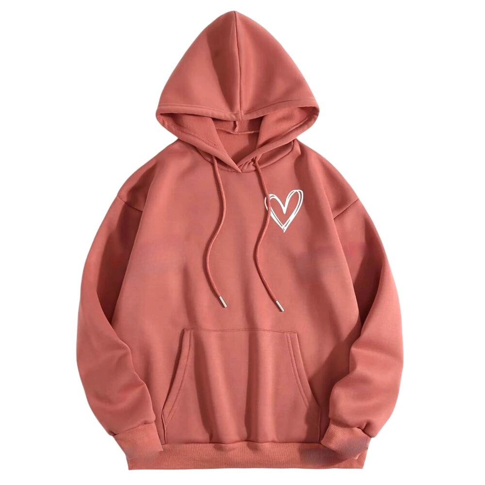 Heart Print Thermal Lined Drawstring Hoodie in Pink, Size XL